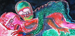 A DEMON IN MY BED  by Dennis Mealor - acrylic & mixed media on canvas 1020mm x 510mm - $350